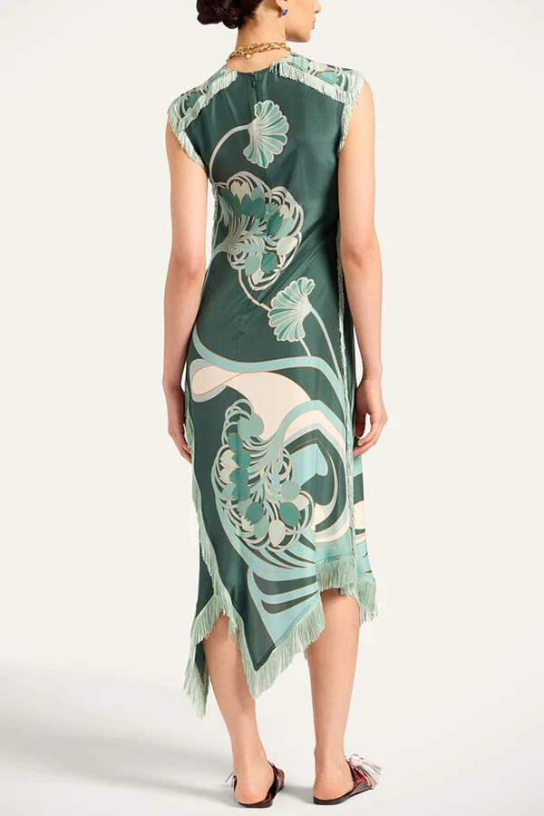 Bohemian Style Floral Print Tassel Trim Irregular Hem Slit Scarf Midi Dress