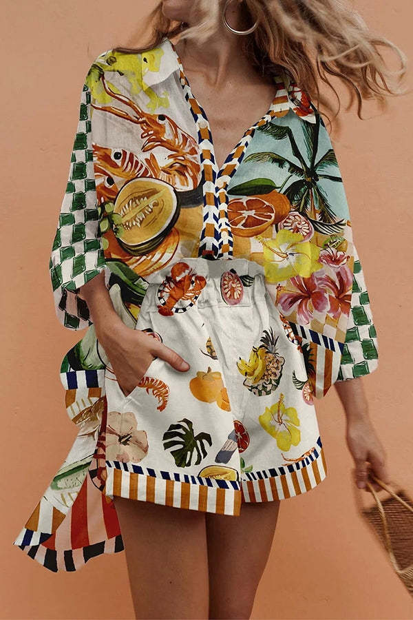 Kaori Linen Blend Tropical Fruit Oversized Blouse and Elastic Waist Pocketed Shorts Set-consonak
