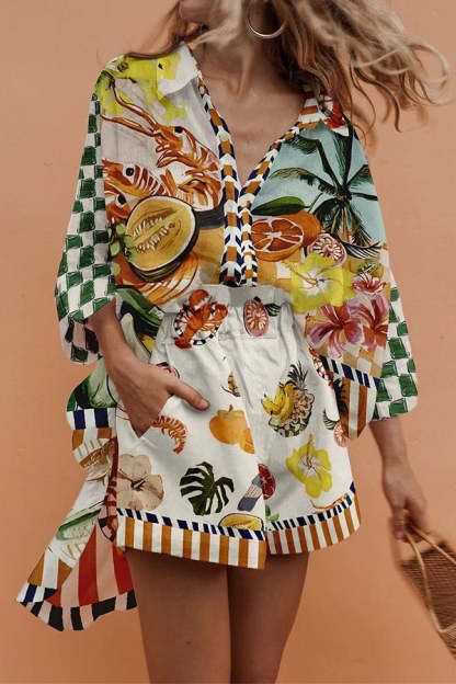 Kaori Linen Blend Tropical Fruit Oversized Blouse and Elastic Waist Pocketed Shorts Set-consonak