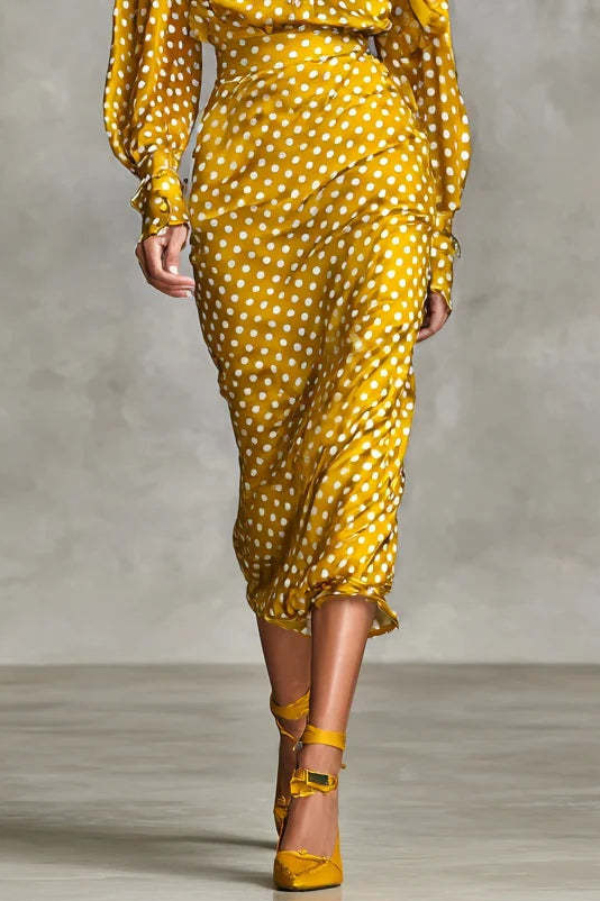Polka Dot Print High-neck Tie Long-sleeved Fitted Midi Dress
