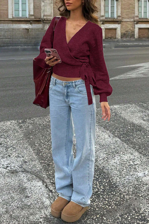 Solid Color Crossover V-neck Tie Elegant Long-sleeved Knit Top-consonak