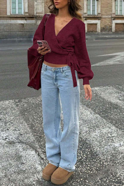 Solid Color Crossover V-neck Tie Elegant Long-sleeved Knit Top-consonak