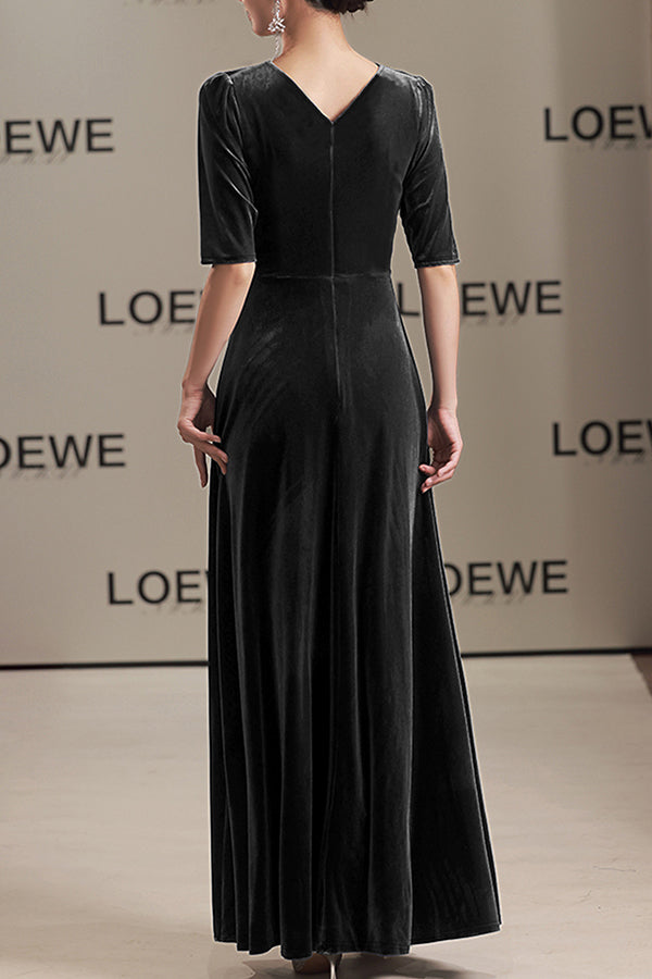 Solid Color Velvet V-neck Fitted Waist Short Sleeve Elegant Maxi Dress-consonak