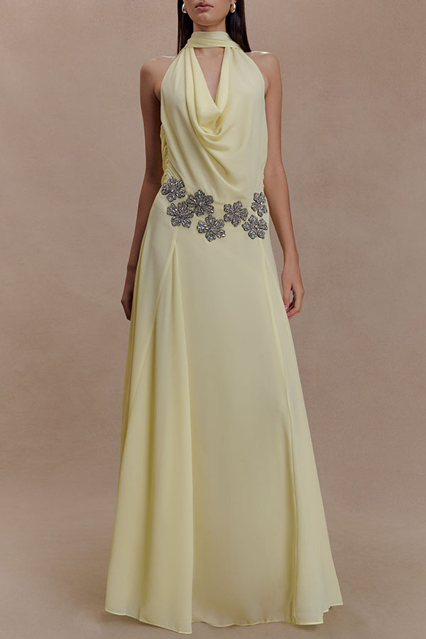 Santal Chiffon Detachable Halter Cowl Neck Scarf Floral Diamante Trims Maxi Dress-consonak