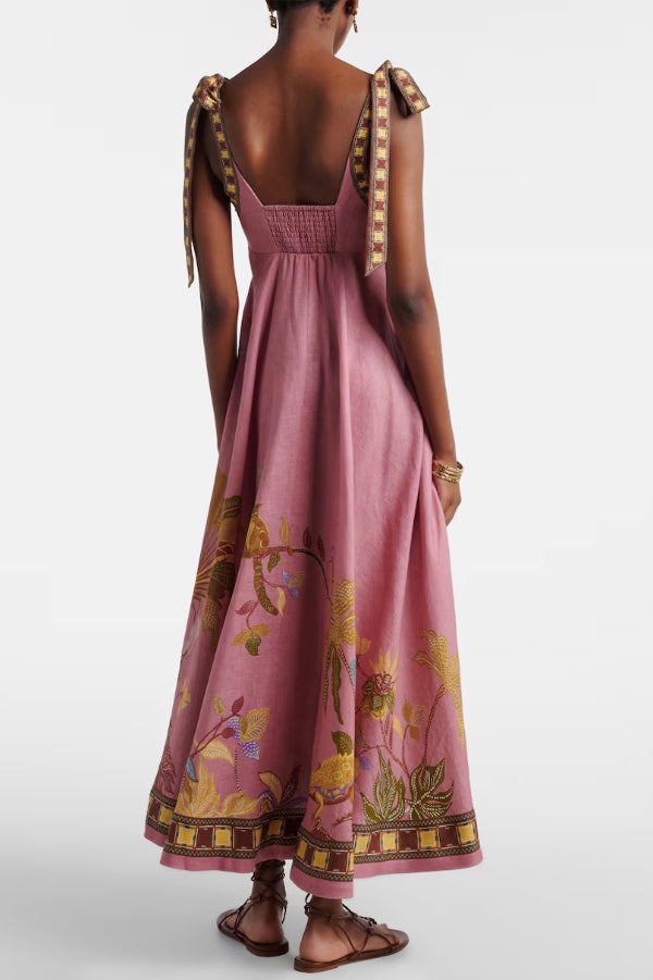 Linen Blend Unique Printed Tie-up Suspenders Pocket Elegant  Vacation Maxi Dress