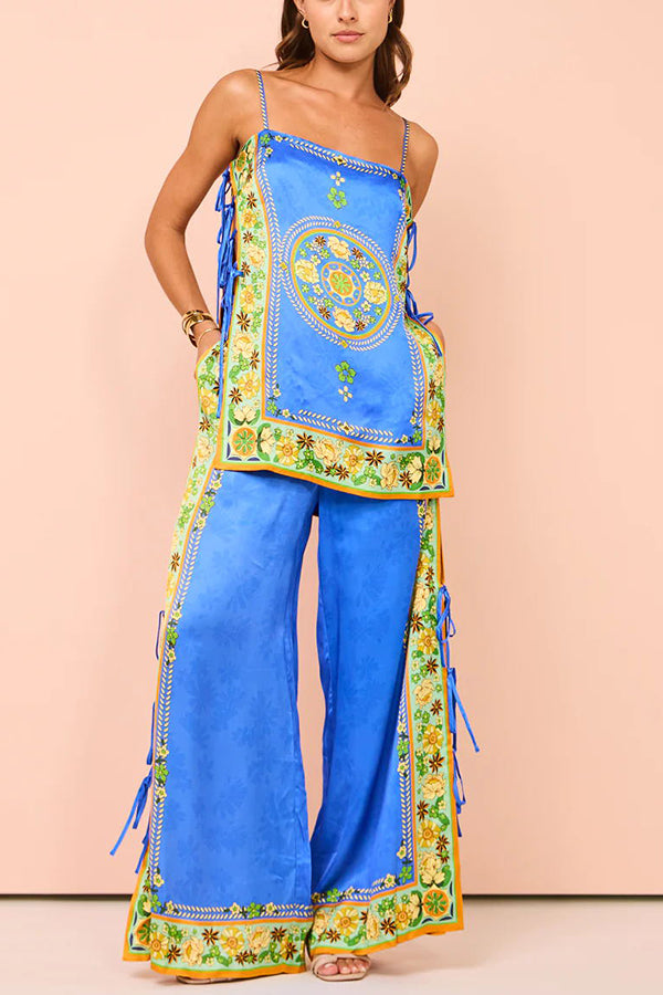 Nara Satin Unique Print Side Lace-up Tank and Elastic Waist Pocketed Wide Leg Pants Set-consonak