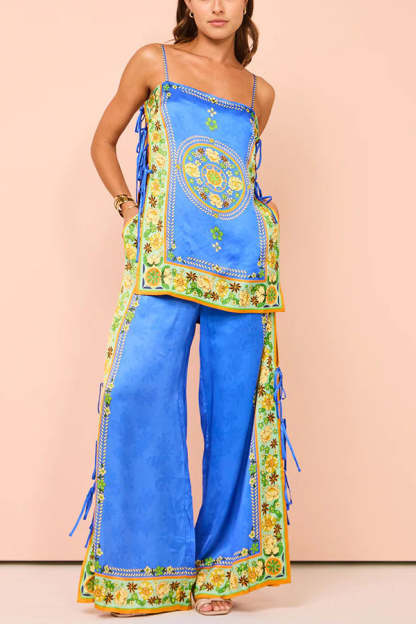 Nara Satin Unique Print Side Lace-up Tank and Elastic Waist Pocketed Wide Leg Pants Set-consonak