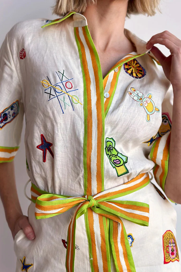 Britt Linen Blend Unique Printed Short Sleeved Pocket Tie Waist Mini Dress-consonak