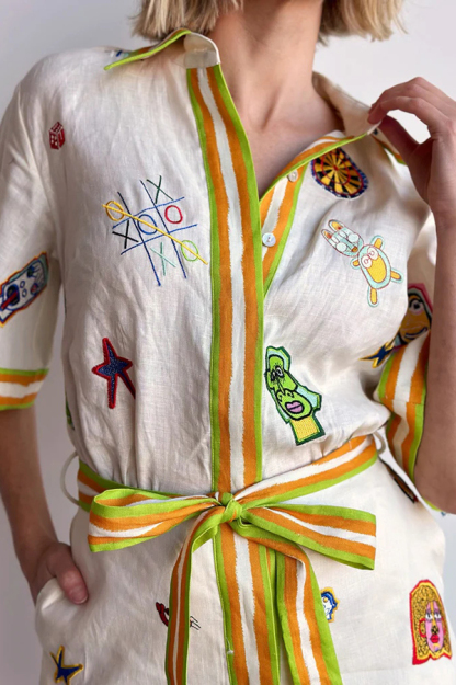 Britt Linen Blend Unique Printed Short Sleeved Pocket Tie Waist Mini Dress-consonak