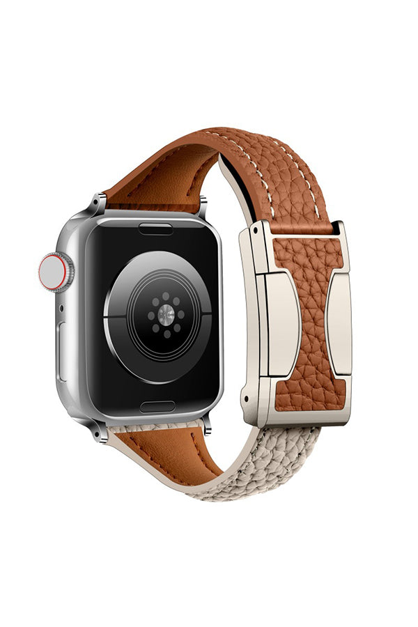Fashionable Genuine Leather Lychee Pattern Double C Magnetic Buckle Watch Strap-consonak