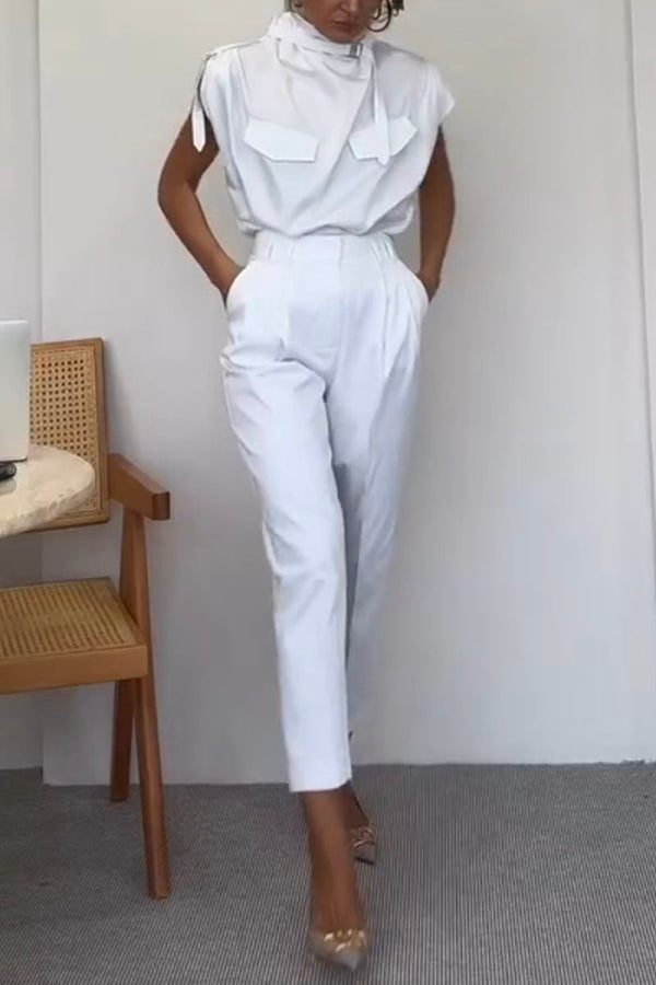 Statement Breast Pocket High Neck Top and Side Pocket Belt Long Pant Set-consonak