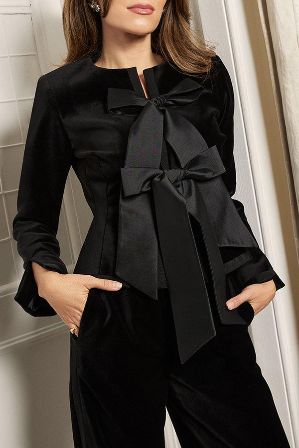 Cue The Cocktails Velvet Tailored Taffeta Bow Detail Peplum Jacket-consonak
