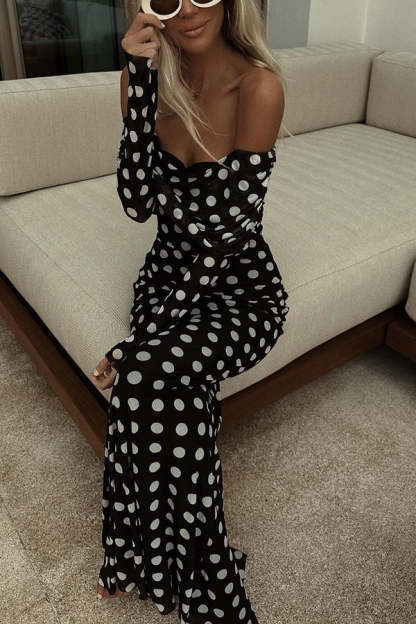 Chic Statement Polka Dot Print Off Shoulder Ruched Stretch Maxi Dress-consonak
