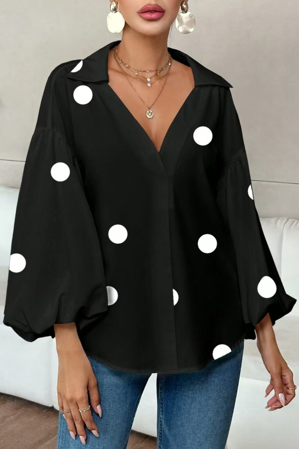 Stylish Polka Dot Print Collared Puff Sleeve Loose Shirt | Consonak
