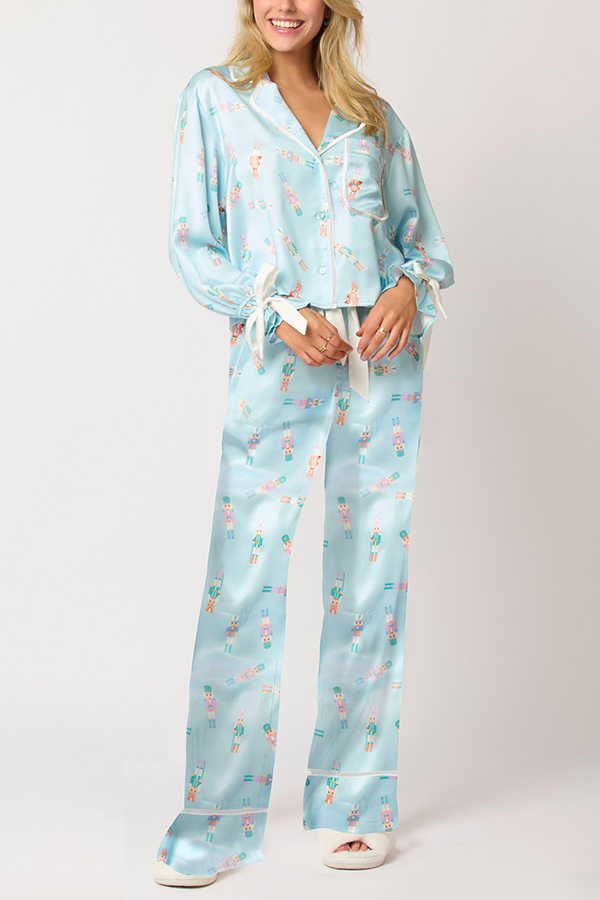 Christmas Printed Velvet Lace-up Long-sleeve Pocket Top and Elastic Waist Wide-leg Pants Set-consonak