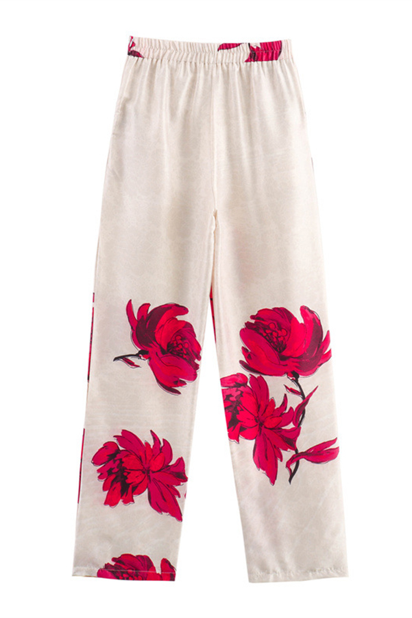 Special Attendance Satin Floral Print High Rise Elastic Waist Pocket Pants-consonak