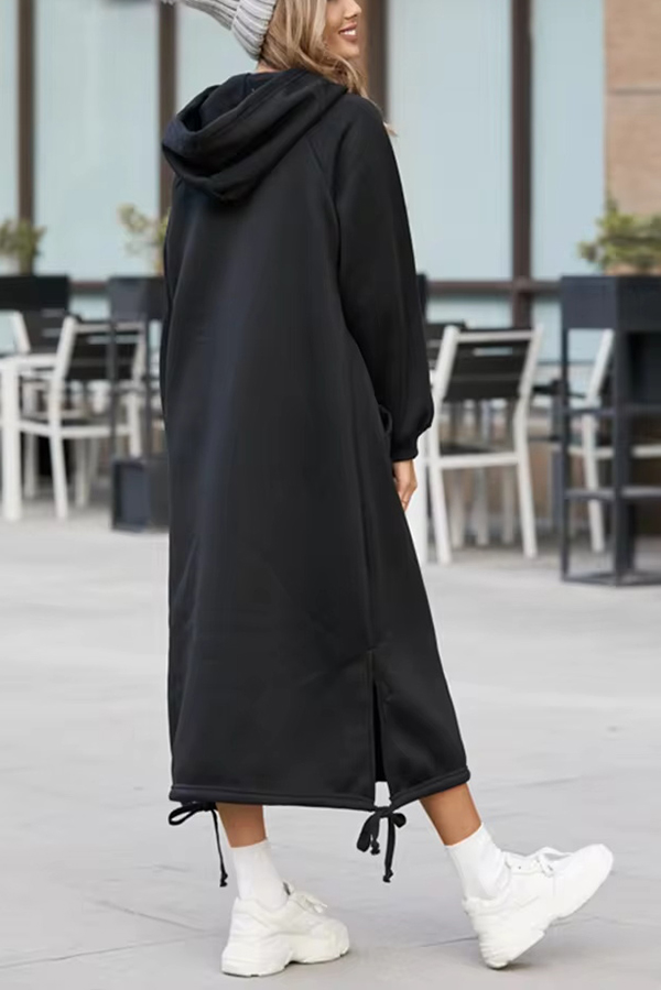 Solid Color Casual Hooded Lace-up Pocket Sweatshirt Style Midi Dress-consonak