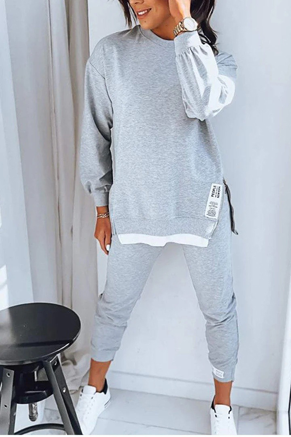Solid Color Round Neck Long-sleeved Sweatshirt and Elastic Waist Pants Set-consonak