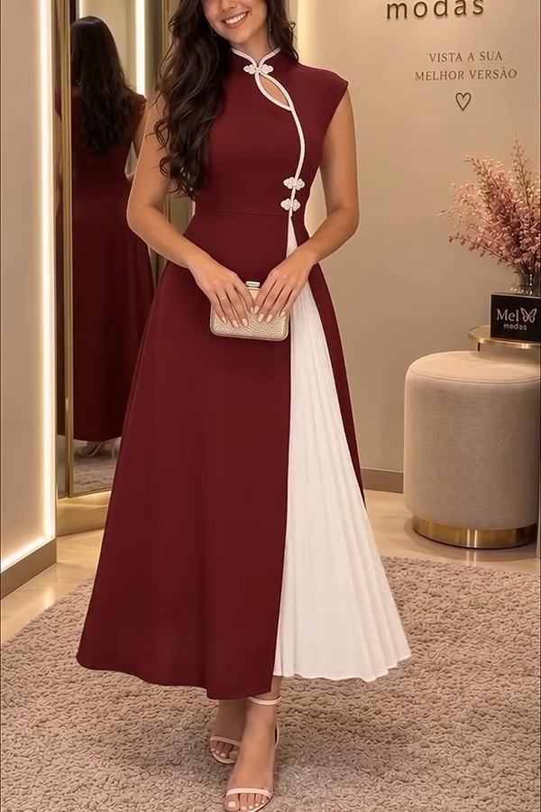 Chic Unique Contrast Color Stand Neck Chinese-style Button Pleated Hem Maxi Dress-Consonak
