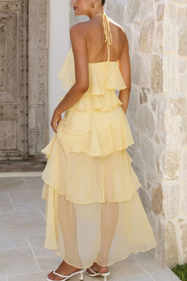Solid Color Chiffon Halter Neck Elegant Ruffle Maxi Dress-consonak