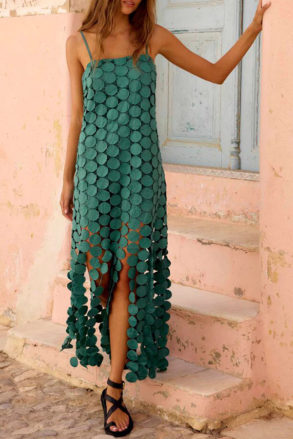 Juju Embroidered Cutout Polka Dots Square Neck Tassel Hem Slip Maxi Dress | Consonak
