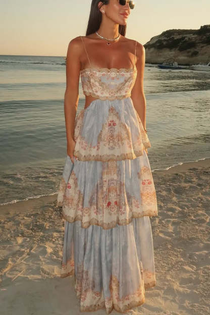 Daylight Unique Print Cutout Waist Back Lace-up Tiered Hem Maxi Dress