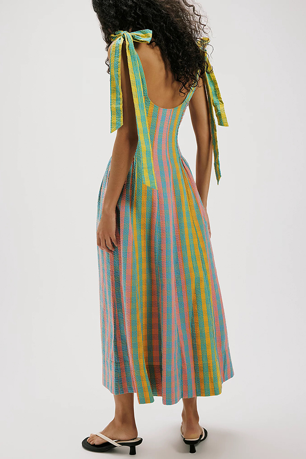 Sweet Colorful Plaid Scoop Neckline Adjustable Shoulder Ties Pocket Midi Dress-consonak