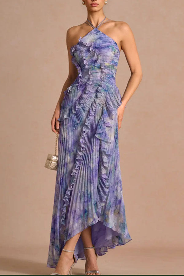 Dream Ode Lily Pad Style Pleats and Ruffles Halter Gown Maxi Dress-Consonak