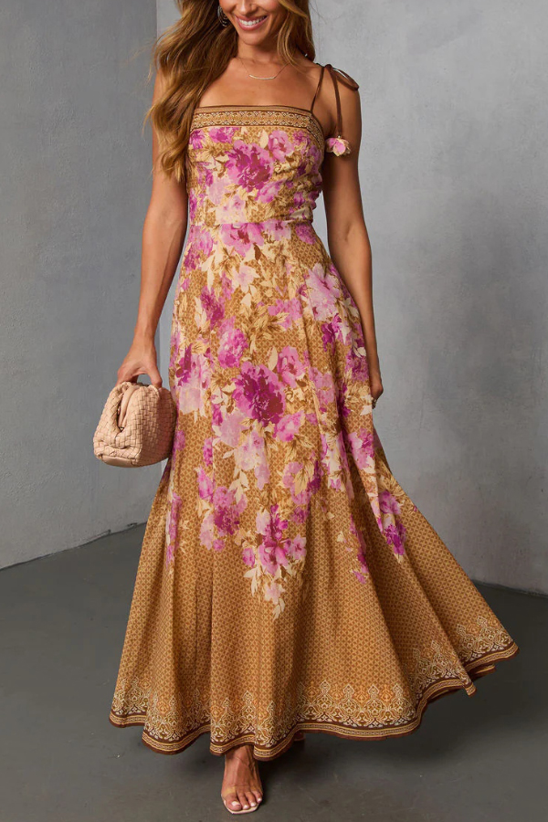 Fashionable Floral Print Square Neck Casual Vacation Maxi Dress