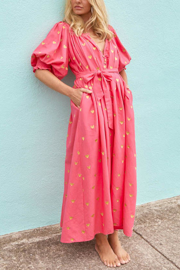 Valentine's Day Gold Heart Print Puff Sleeve Button Pocketed Loose Maxi Dress-consonak
