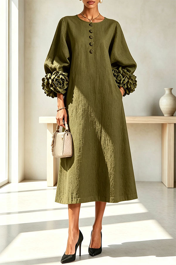 Rima Linen Blend Flowers Button Down Floral Cuffs Half Sleeve Pocket Midi Dress-Consonak
