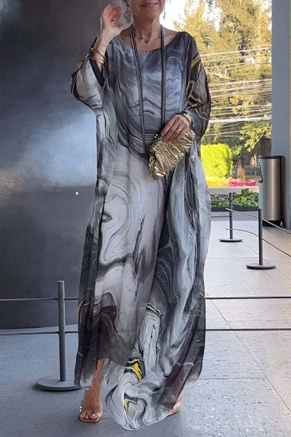 Unique Printed Crew Neck Loose Resort Style Maxi Dress-consonak