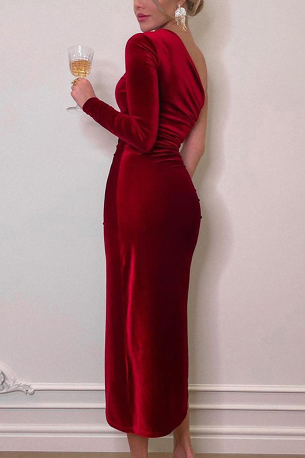 Velvet Sexy Single Sleeve Slimming High Slit Midi Dress-consonak