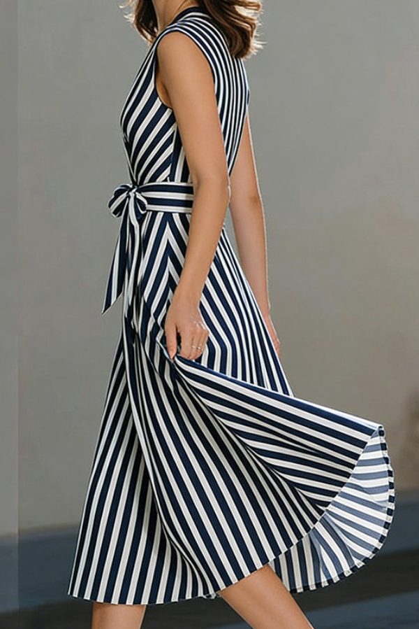 Striped Printed V-neck Sleeveless Belted Casual Midi Dress | Consonak