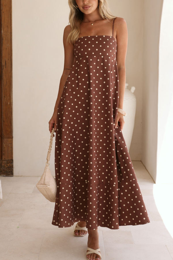Polka Dot Print Square Neck Suspender Casual Pocket Maxi Dress-consonak