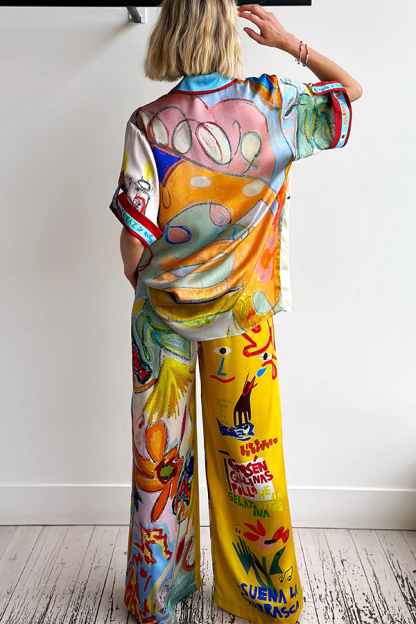 Raina Satin Unique Print Short-sleeved Loose Shirt and Elastic Waist Pocket Pants Set-consonak