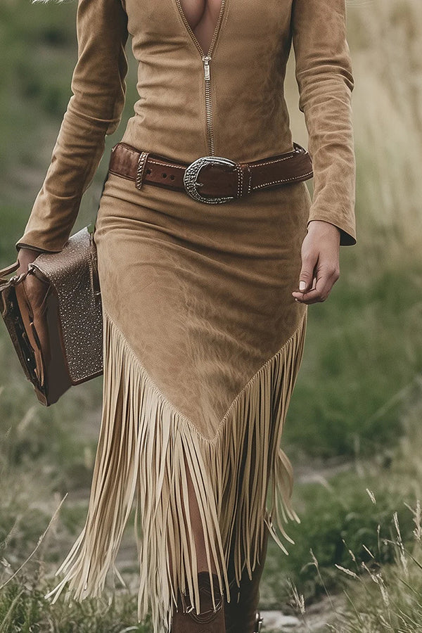 Retro Western Style Long-sleeved Fringed Hem Suede Midi Dress-consonak
