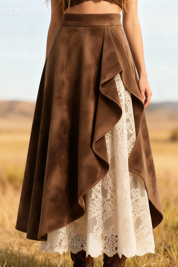 Stylish Suede and Lace Patchwork Elegant Asymmetrical Midi Skirt | Consonak
