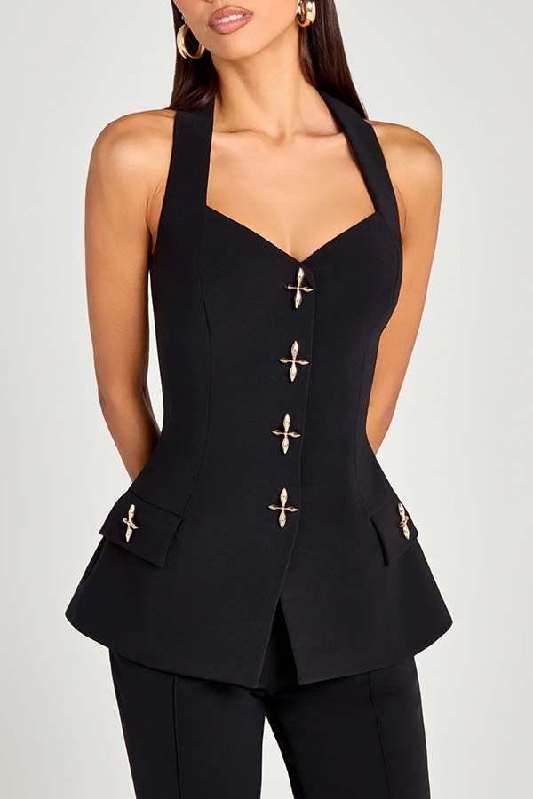 Women Power Metal Cross Snap Button Sweetheart Neck Wide Strap Vest-consonak
