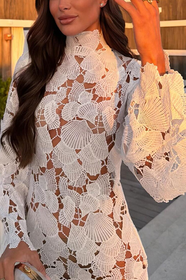 Tropica View Crochet Lace Seashell High Neck Long Bell Sleeve Mini Dress | Consonak