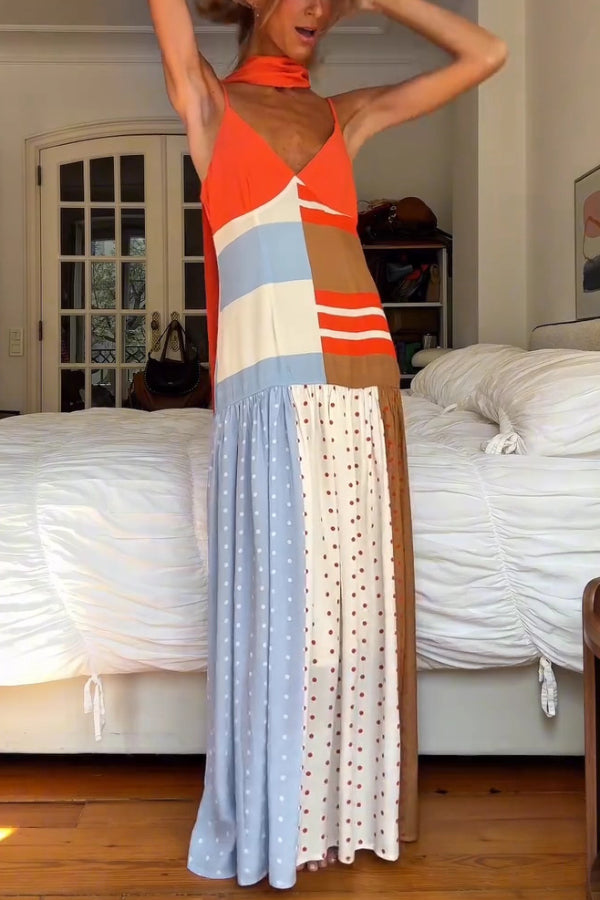 Vibrant Touch Color-blocked Polka Dot Print Slip Pleated Hem Maxi Dress | Consonak