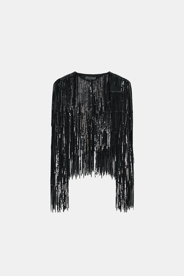 Party Crasher Layered Sequined Tassels Long Sleeve Loose Jacket-consonak