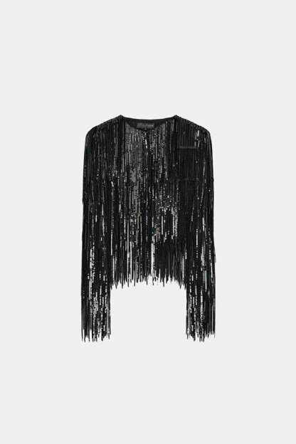 Party Crasher Layered Sequined Tassels Long Sleeve Loose Jacket-consonak