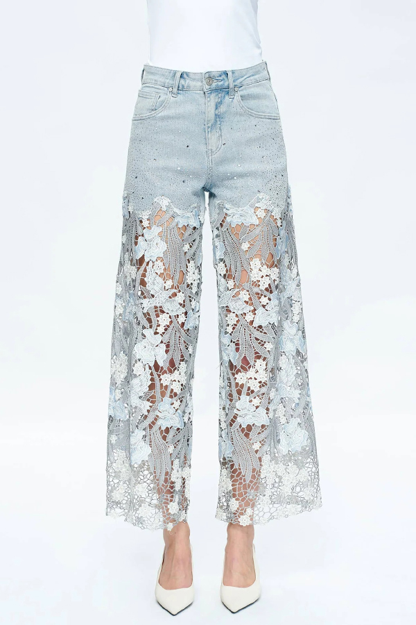 Elegant Lace Openwork Casual Pocket Straight Leg Jeans