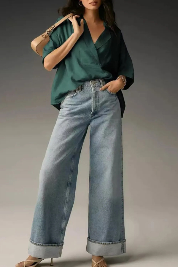 Solid Color Loose Lapel Short-sleeved Casual Shirt-consonak