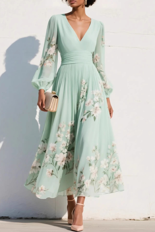 Floral Print V-neck Long-sleeved Fitted Waist Casual Maxi Dress