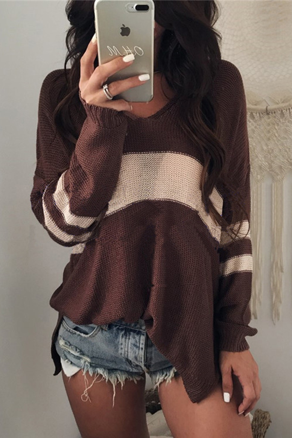Fashionable Patchwork V-neck Long-sleeved Knitted Sweater-consonak