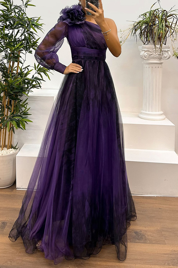 Guest List Tulle Printed Flower Pendant One Shoulder Pleated Slit Maxi Dress-consonak