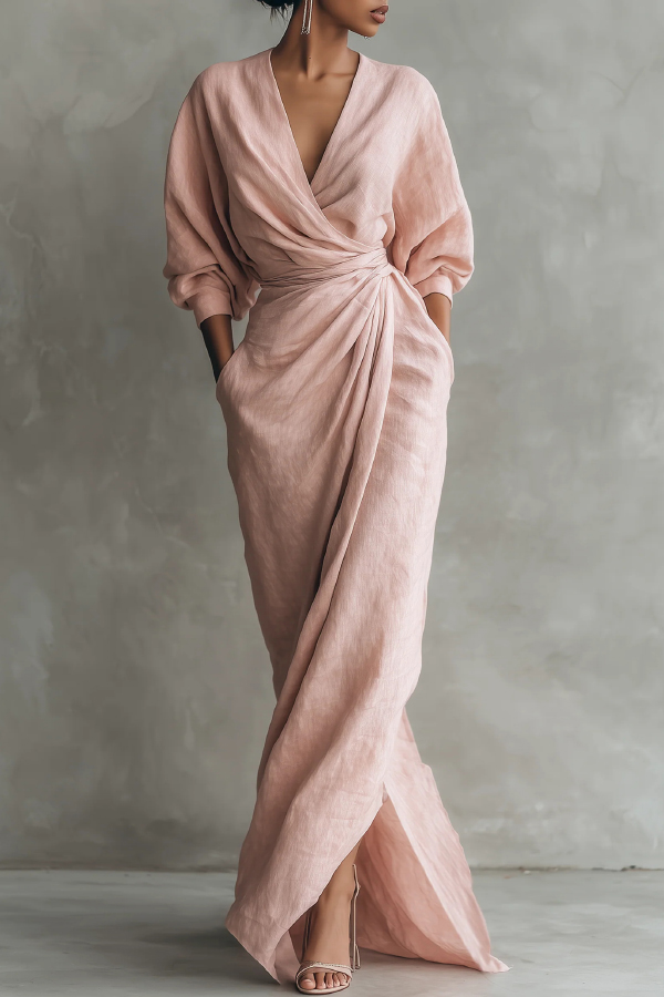 Linen Blend Loose V-neck Pleated Waist Casual Pocket Maxi Dress | Consonak