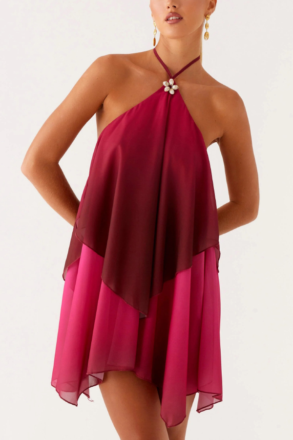 Fashionable Gradient Halter Neck Loose Backless Mini Dress-consonak